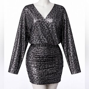 Jovani 3169 Silver & Black Metallic Leopard Ruched Mini Dress-sz 12